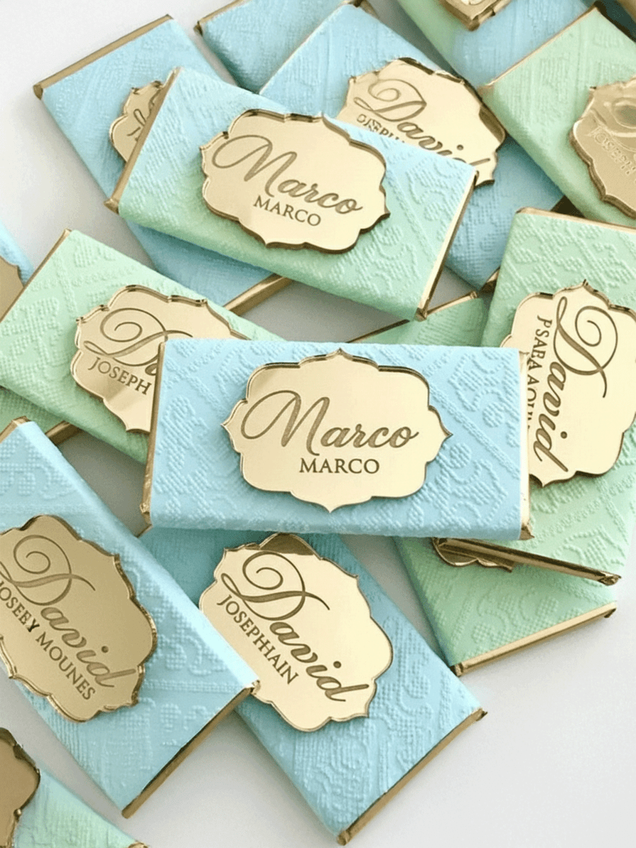 Étiquettes de miroir acrylique sur mesure, étiquette de faveur, faveurs de chocolat, logo de nom de lettrage, fête de naissance, étiquettes acryliques personnalisées Image secondaire du produit